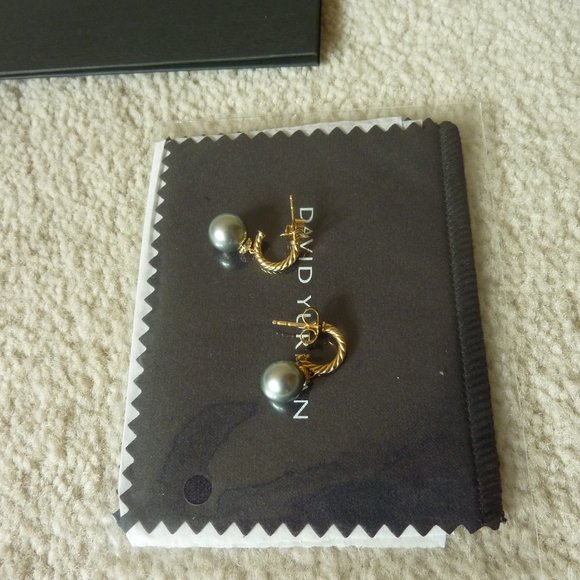 DAVID YURMAN 18K Gold 'Solari' Grey Pearl & Diamond Hoop Drop Earrings (NEW) - Picture 7 of 12